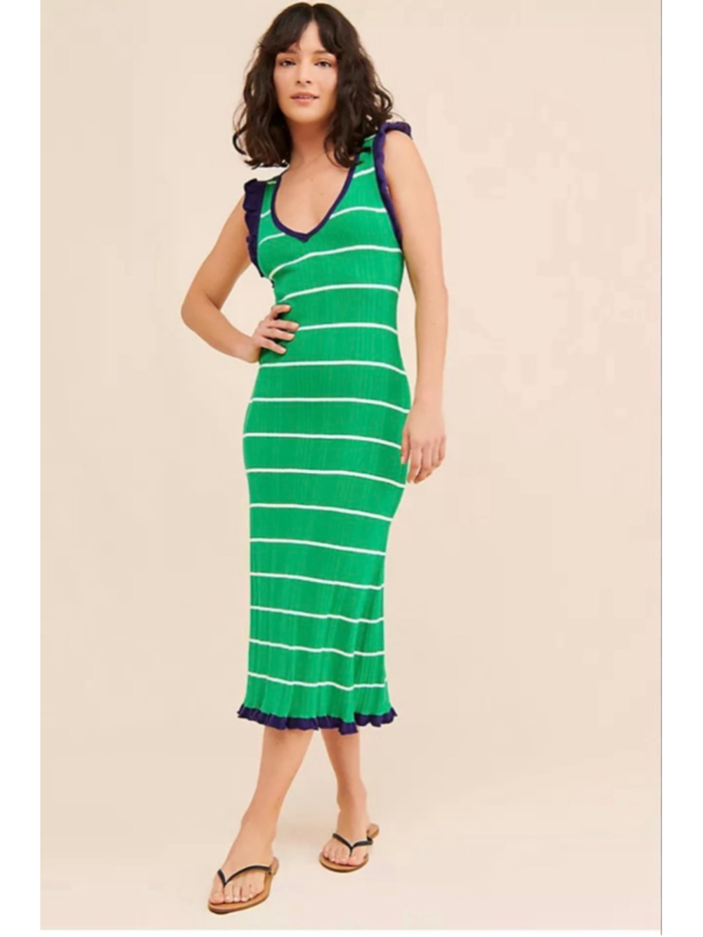 Daily Practice By Anthropologie Green&White Striped Midi Dress&Navy Trim|L|EUC|